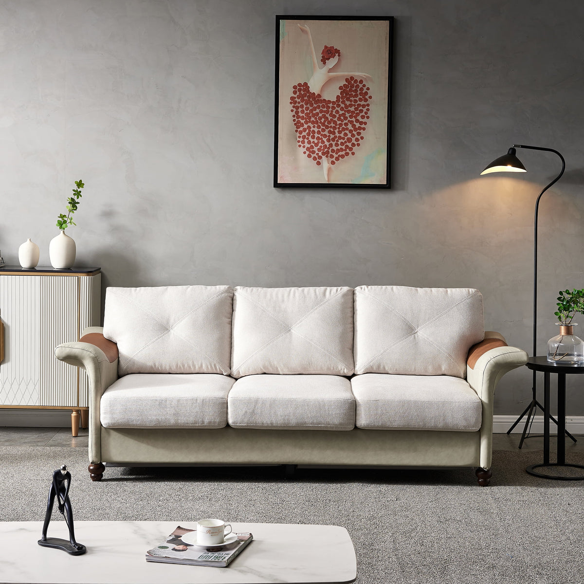 Beige Linen Fabric Faux Leather Sofa with Wood Leg G410569
