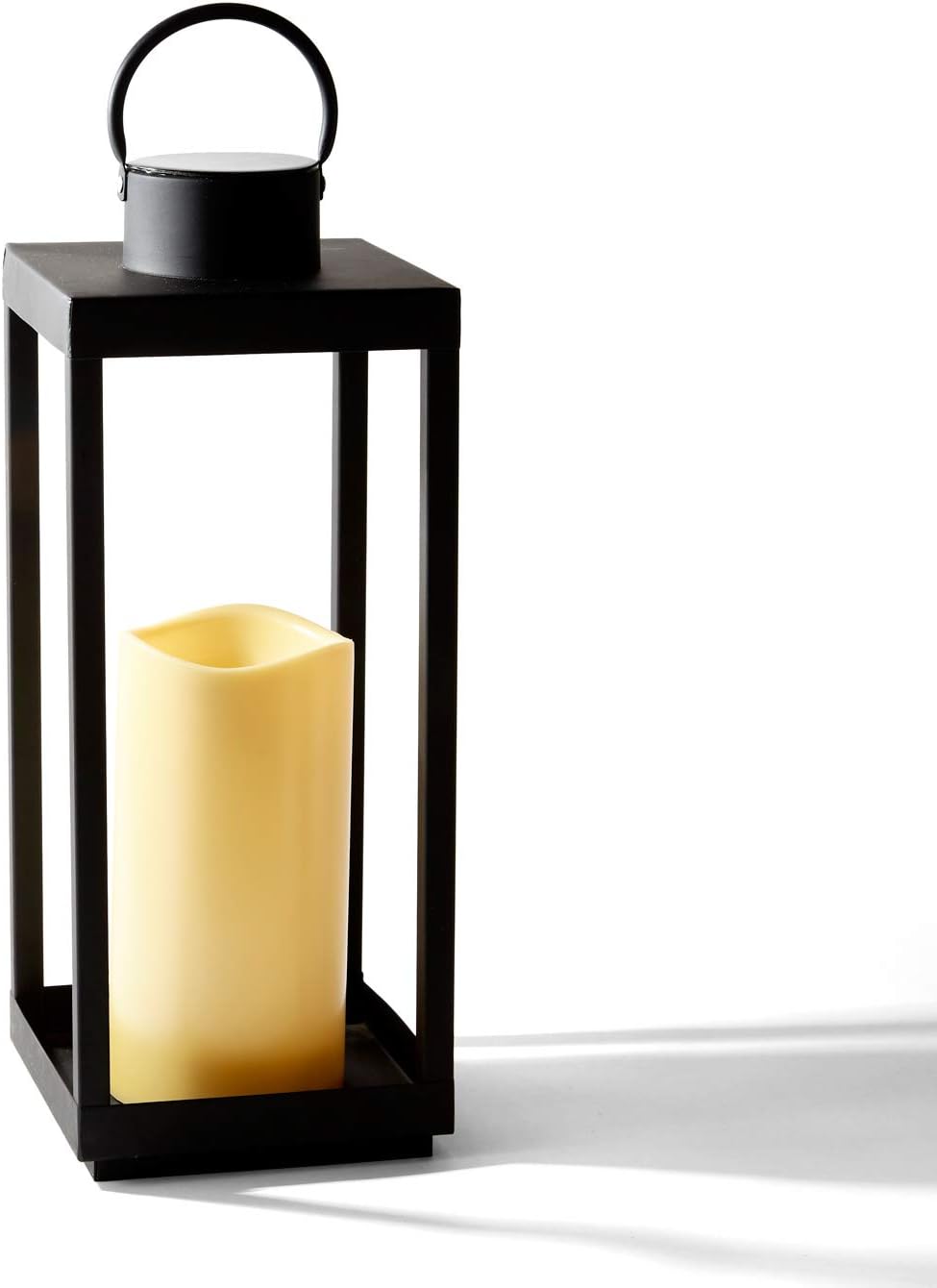Large Outdoor Lantern with Solar Candle, 18 Inch Tall, Matte Black Metal Frame, Waterproof Flameless Pillar Candle O860205
