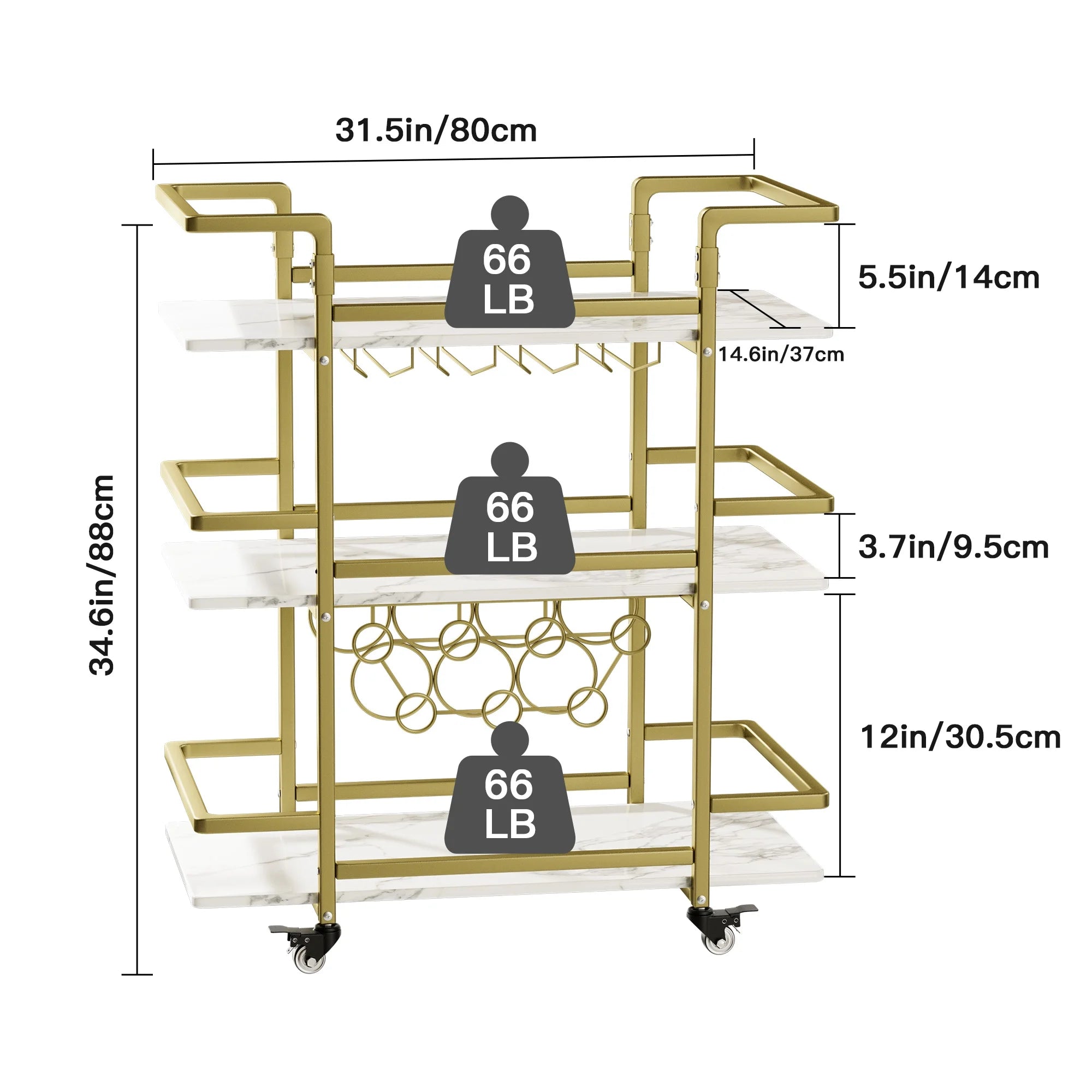 Golden 3-Tier Bar Cart with Wine Rack and Glass Cup Storage Y96429