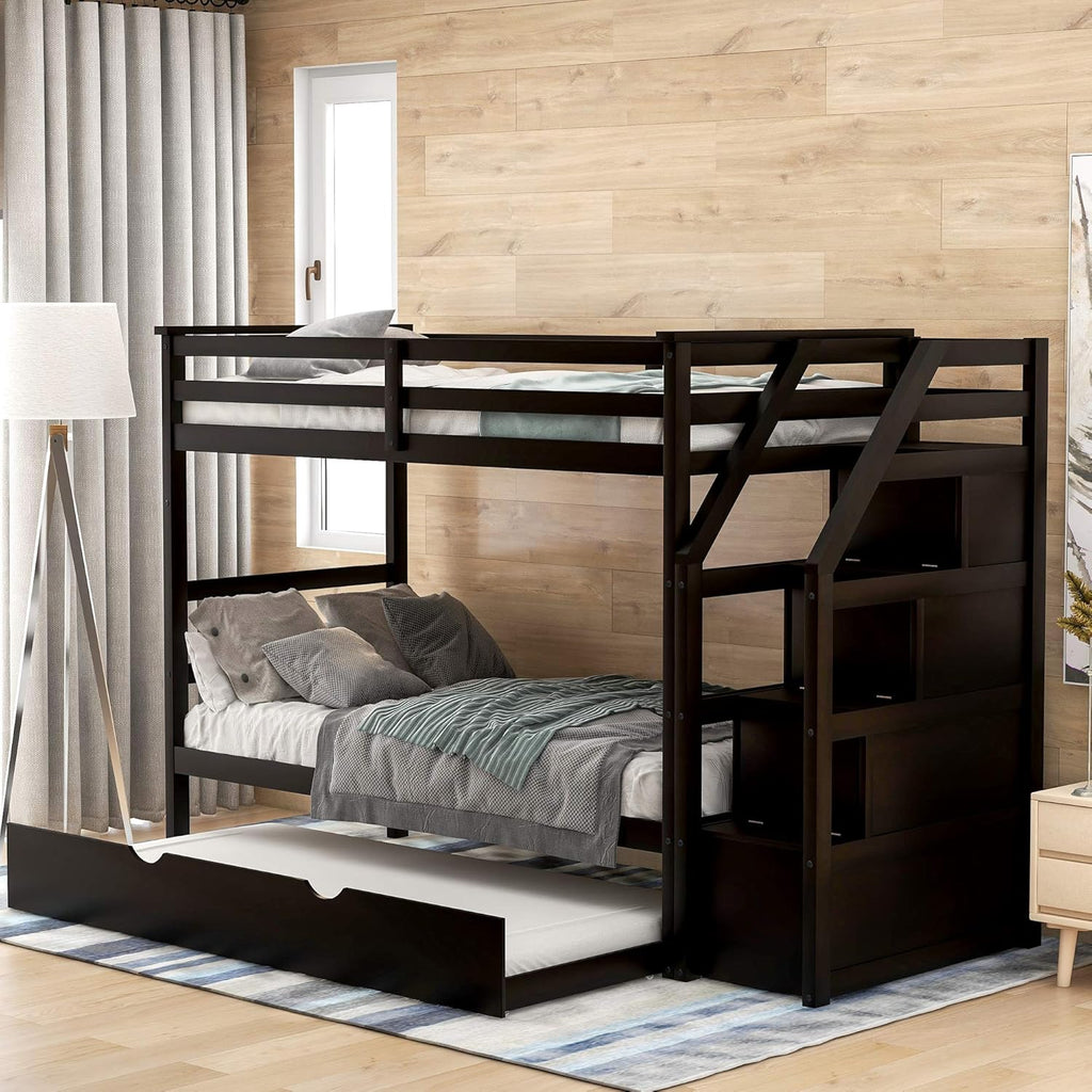 Grey Wood Twin Over Twin Bunk Bed with Trundle and Storage Drawers F794058