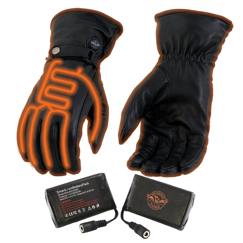 Black Leather Heated Winter Gloves with Battery X-Large S192