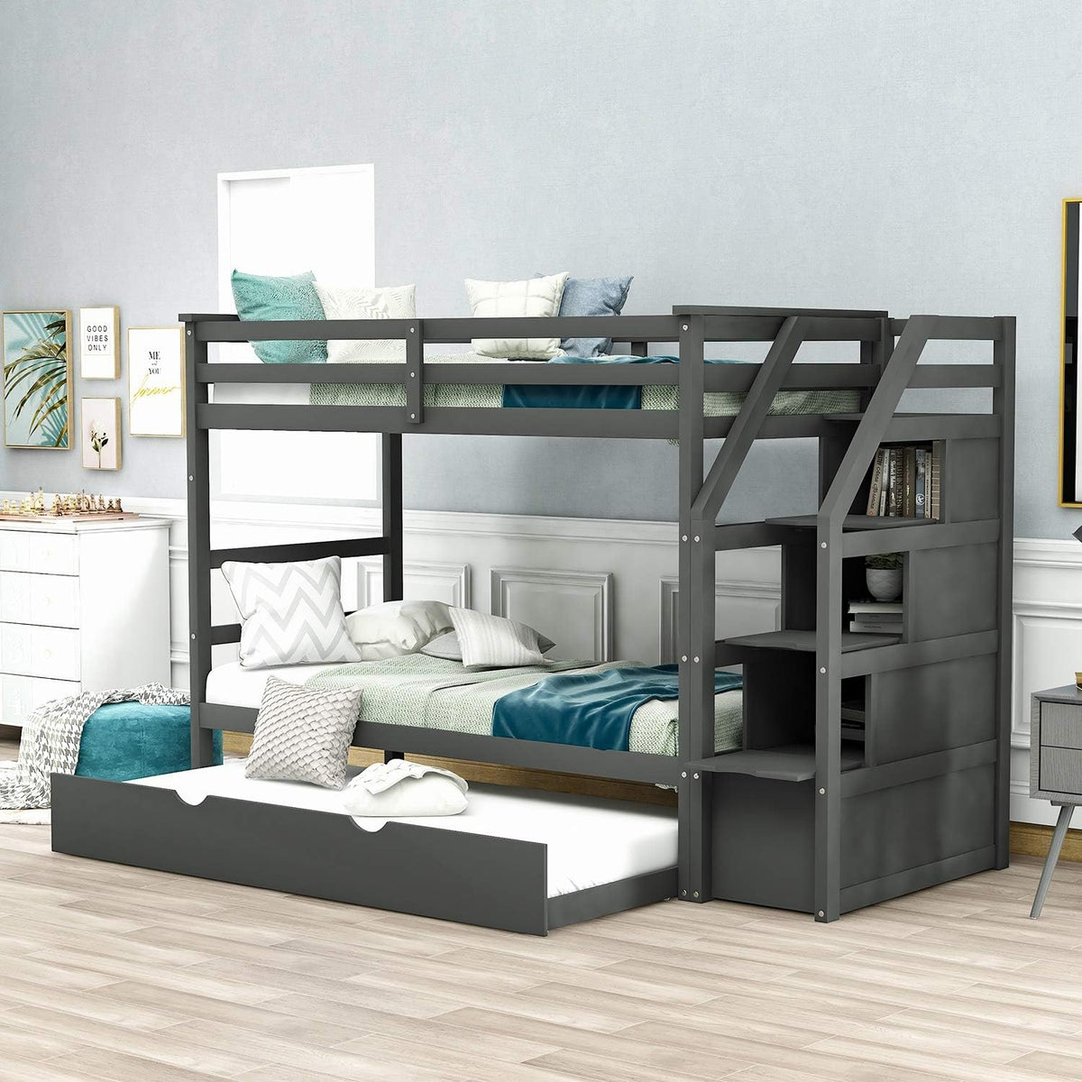 Grey Wood Twin Over Twin Bunk Bed with Trundle and Storage Drawers F794058