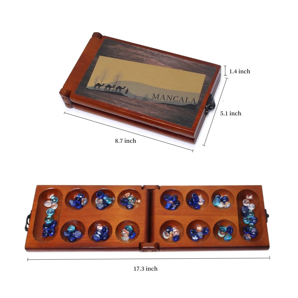 Mancala Board Game Set with Rubber Wood Board, Stones Storage Bag & Instructions. G491992