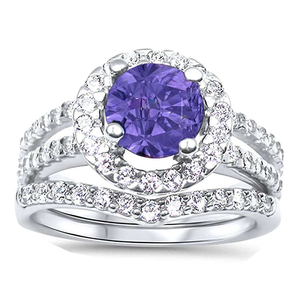Purple CZ Black Silver Wedding Engagement Rings Set Q22990