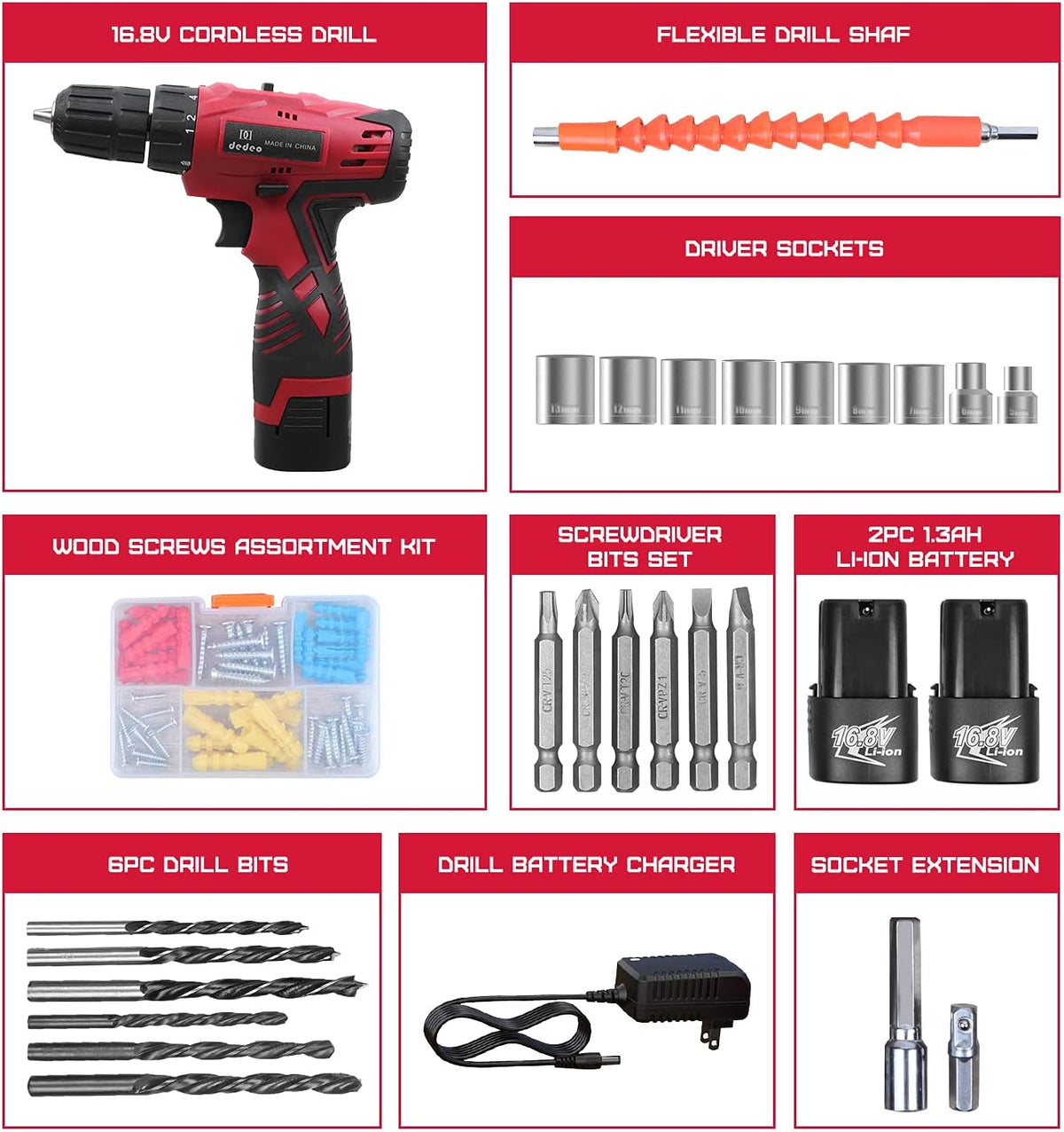16.8V Cordless Hammer Drill Tool Kit with 2PCS Battery and Charger Q13898