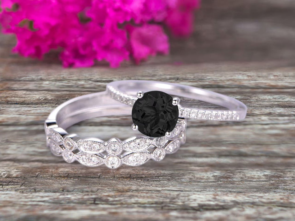 10k White Gold Black Diamond Moissanite Engagement Ring V7925