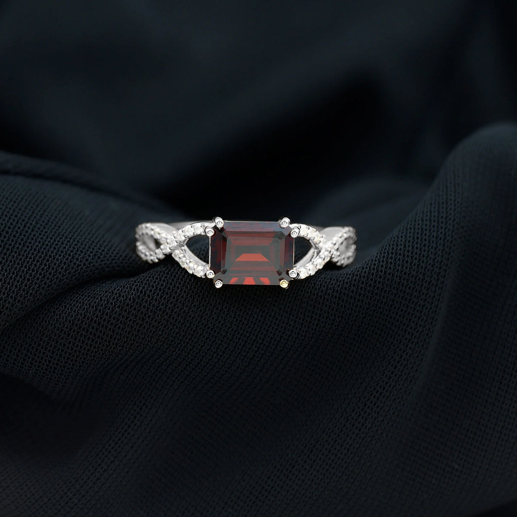 Emerald Cut Garnet Solitaire Ring with Diamond, 14K White Gold, US 12.00 R255