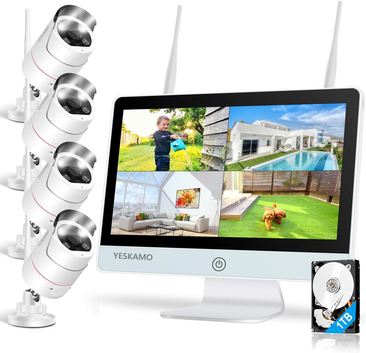Wireless Security Camera System with 12'' Monitor 2 Way Audio, 3MP WiFi IP Cameras AI Human Detection Siren Alarm, 1080P HD Home Surveillance System with Hard Drive E3544