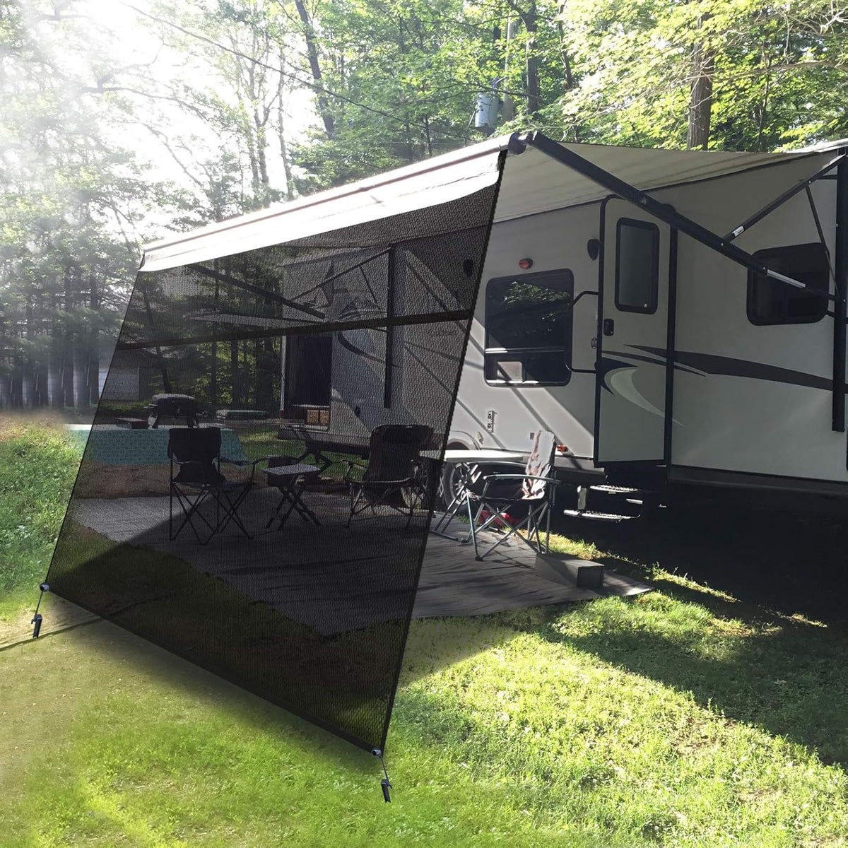 RV Awning Shade Screen with Zipper 15' x 8' Black Mesh Sun Shade C99063