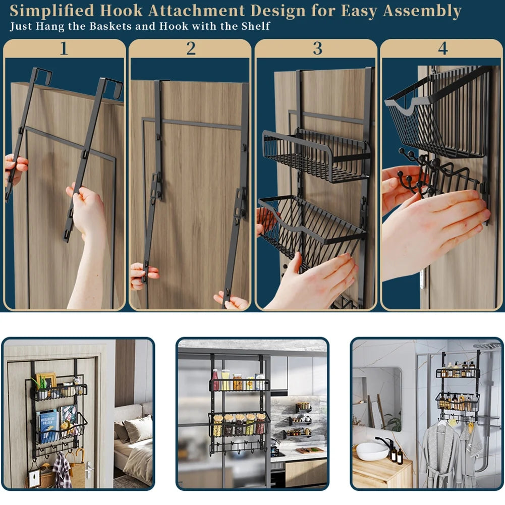 Over The Door Hooks Organizer with 9 Coat Hooks & 2 Wire Basket Hanging Storage (Black) T812810