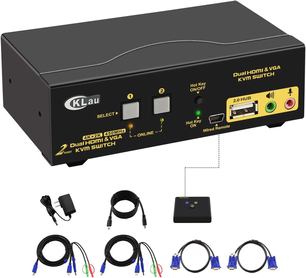 4K@60Hz 2 Port HDMI KVM Switch Triple Monitor with Audio, Cables and 2 USB 3.0 Hub I933