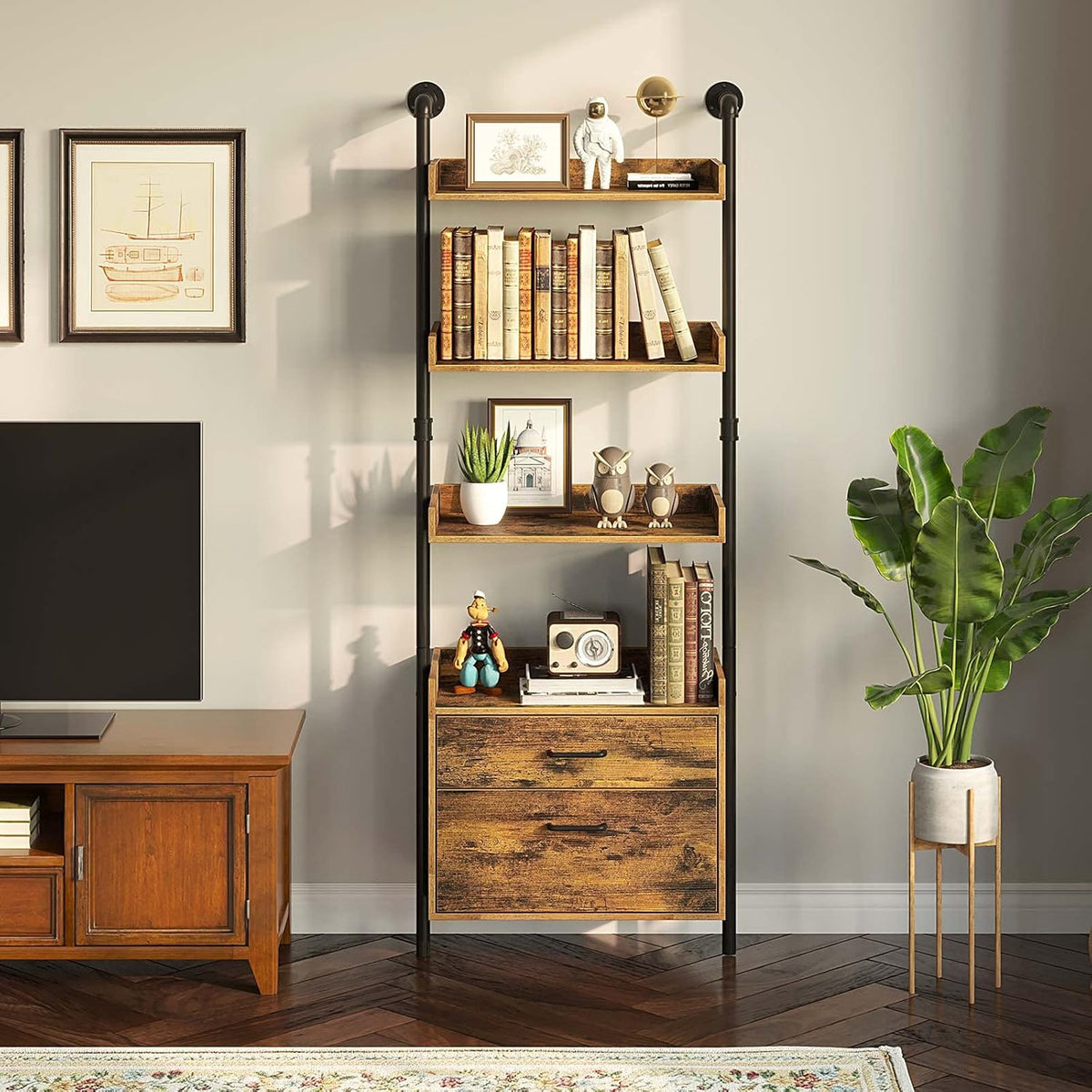 Industrial Bookshelf with 2 Wood Drawers, 4-Tier, Rustic Brown Z95992