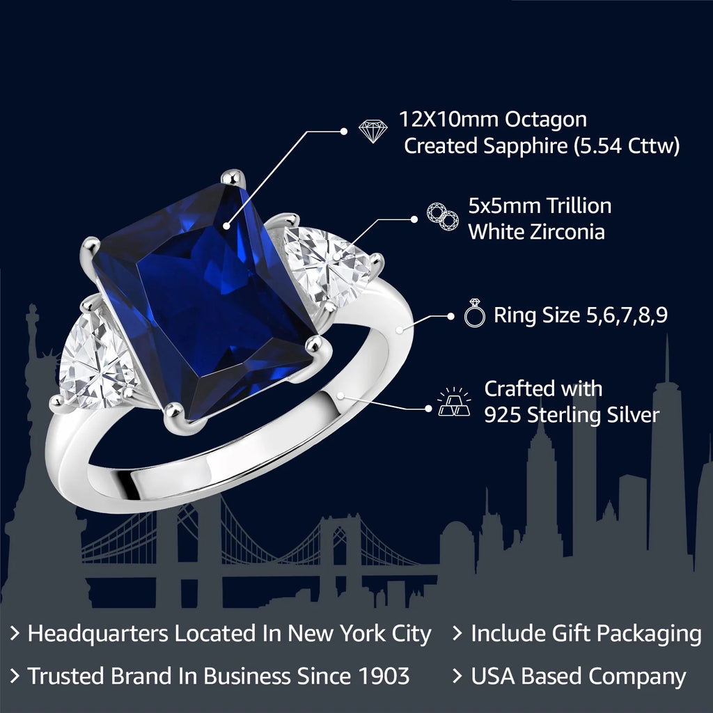 925 Sterling Silver Blue Created Sapphire 3 Stone Engagement Ring V9847