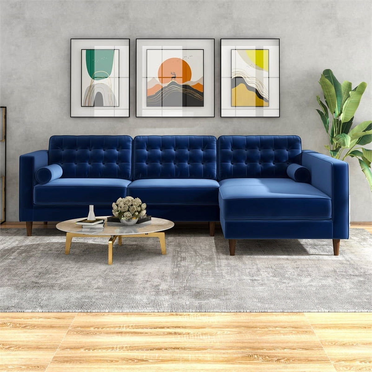 Blue Velvet L-Shaped Right-Facing Sectional E932