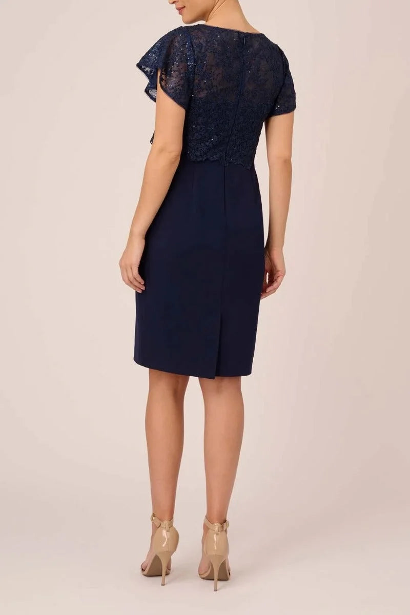 Navy Cap Sleeve Lace Crepe Dress R14797