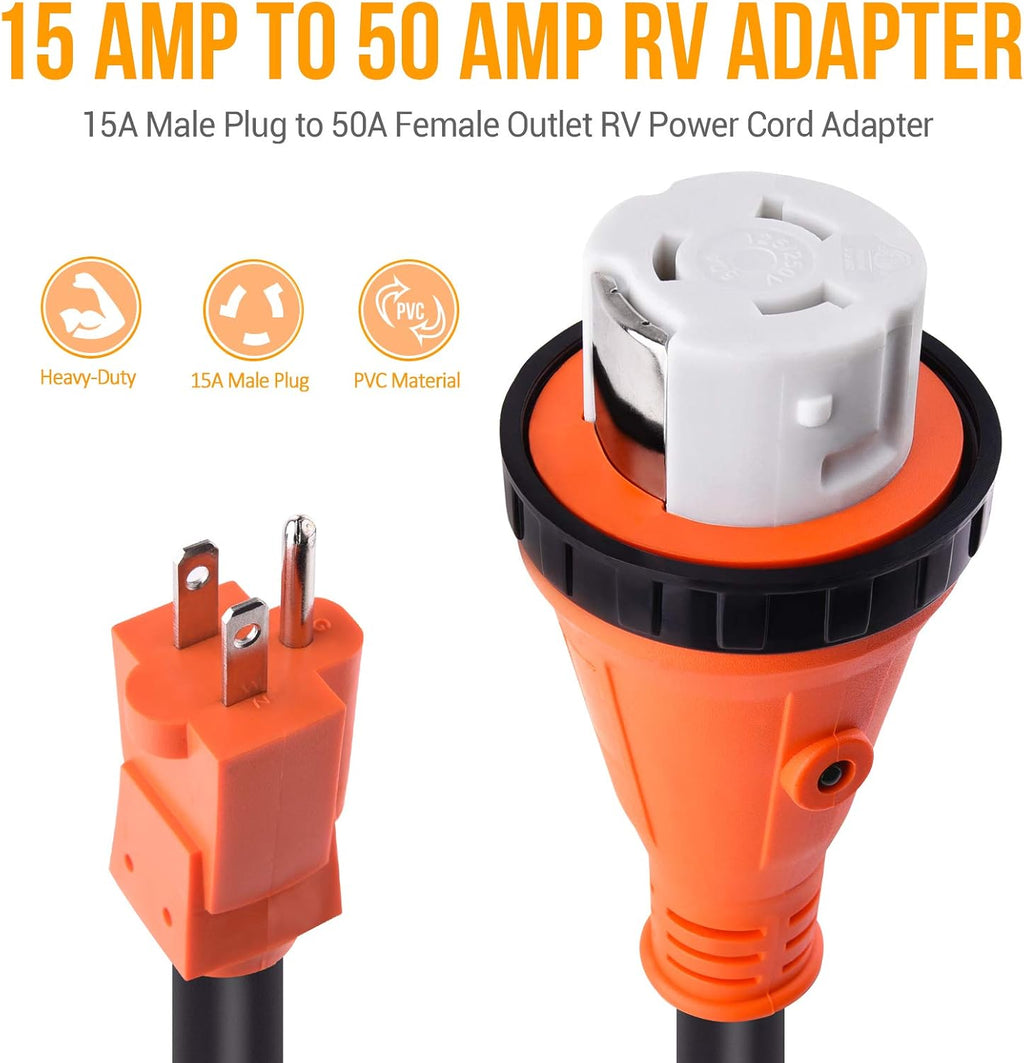 15A Male to 50A Female RV Power Cord Plug Adapter 12 Inch Heavy Duty Electrical Power Adapter with Locking Connector N980