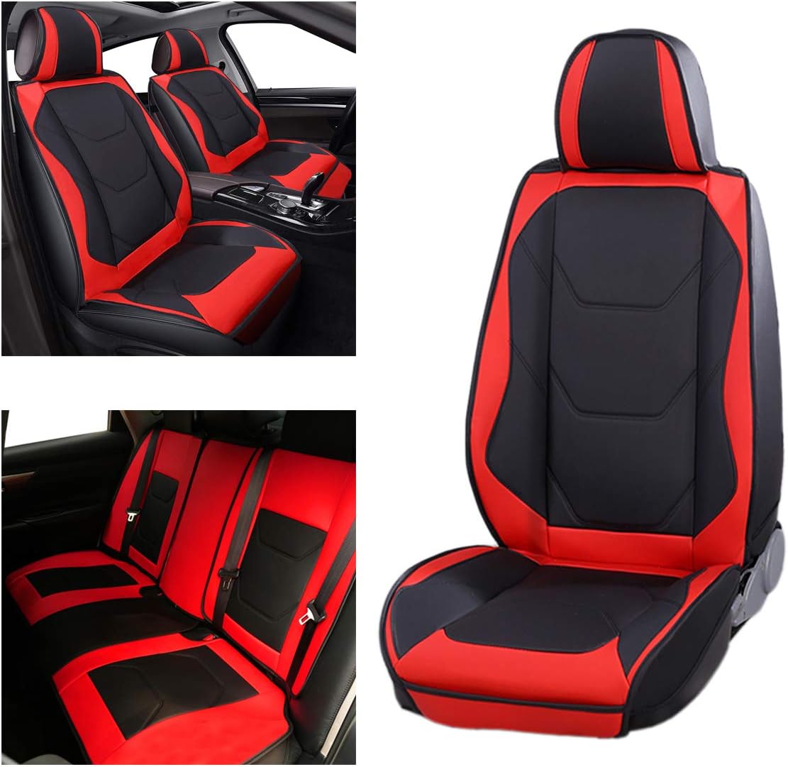 Black/Red Leather Car Seat Covers Full Set T599