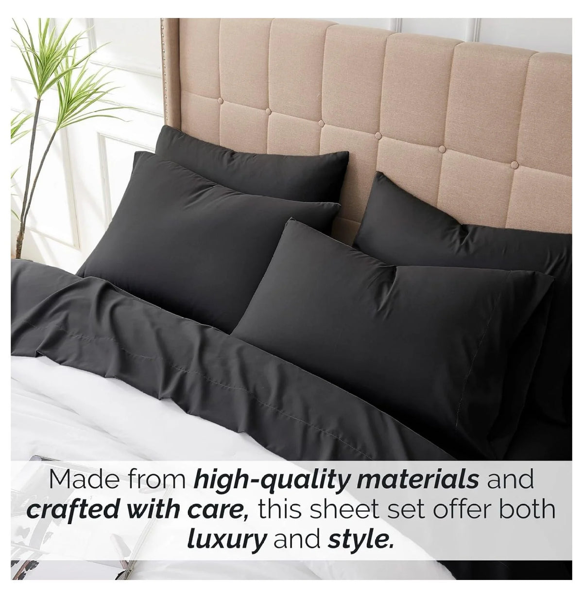 Black 6-Piece King Microfiber Bed Sheets Set with 21" Deep Fitted Sheet H32509