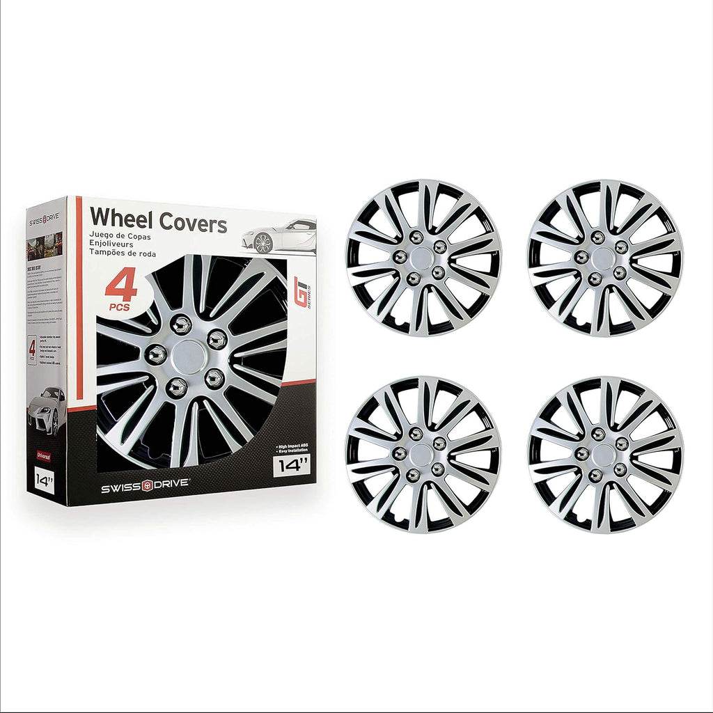 Silver and Black Set of 4 Car Wheel Hub Caps (14-Inch) D1703