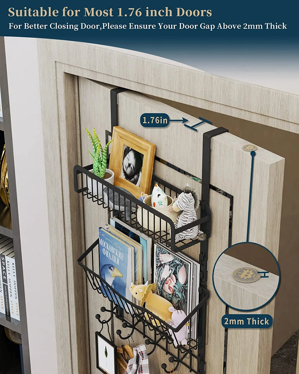 Over The Door Hooks Organizer with 9 Coat Hooks & 2 Wire Basket Hanging Storage (Black) T812810