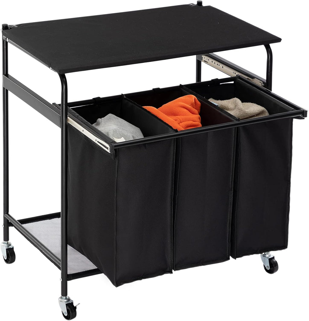 Laundry Sorter Cart with 3-Bag Ironing Board Heavy-Duty 4 Wheels Black F5665