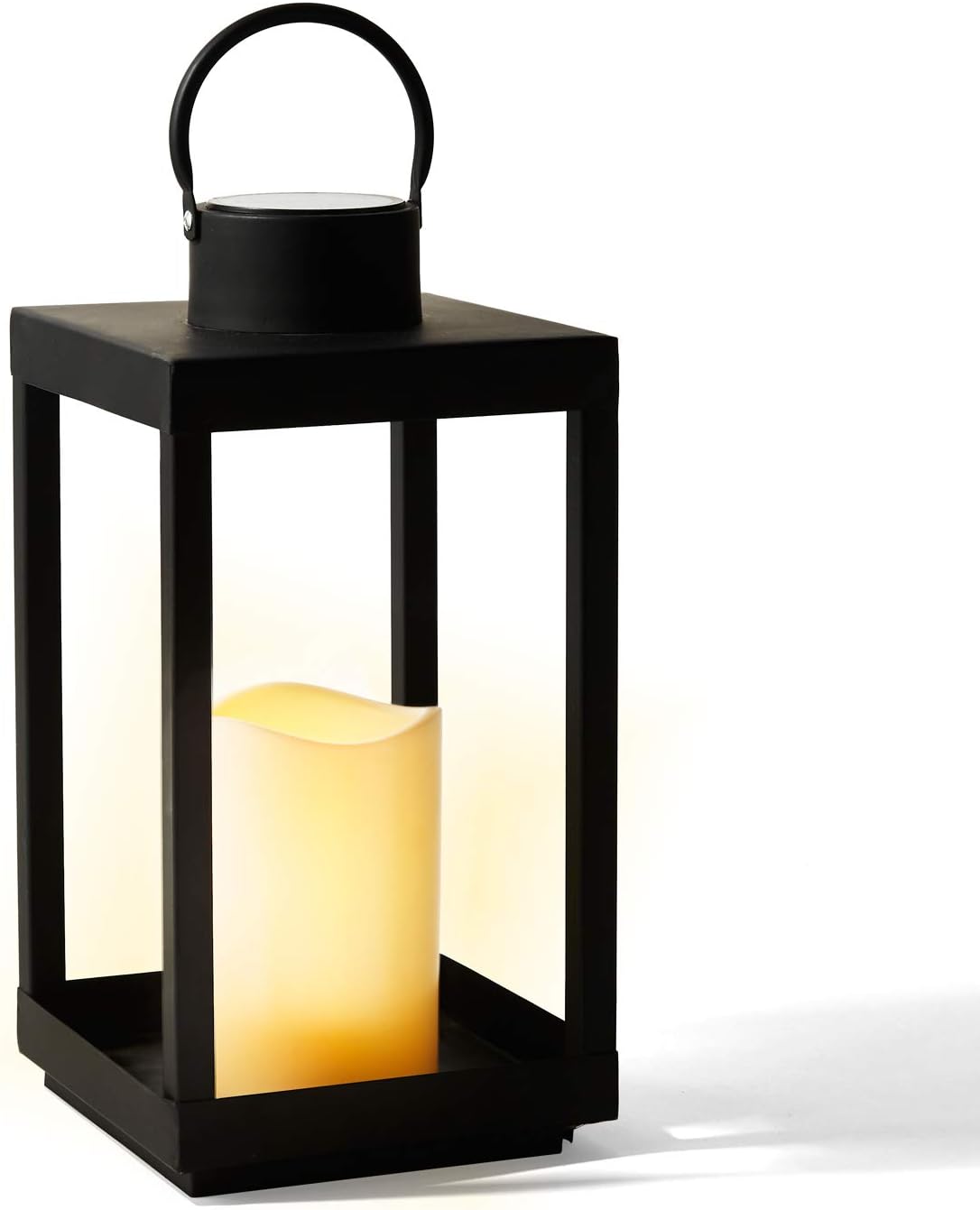 Large Outdoor Lantern with Solar Candle, 18 Inch Tall, Matte Black Metal Frame, Waterproof Flameless Pillar Candle O860205