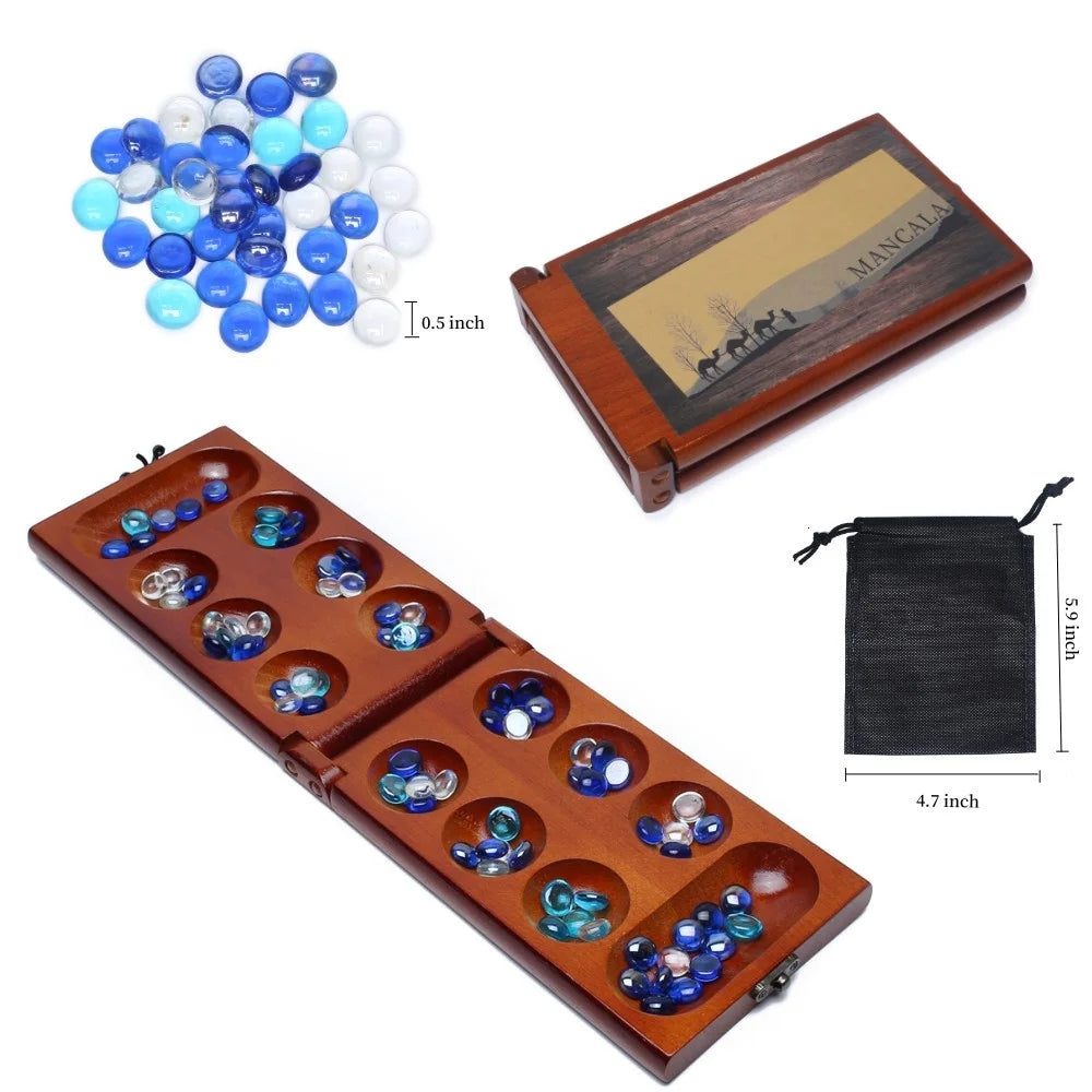 Mancala Board Game Set with Rubber Wood Board, Stones Storage Bag & Instructions. G491992