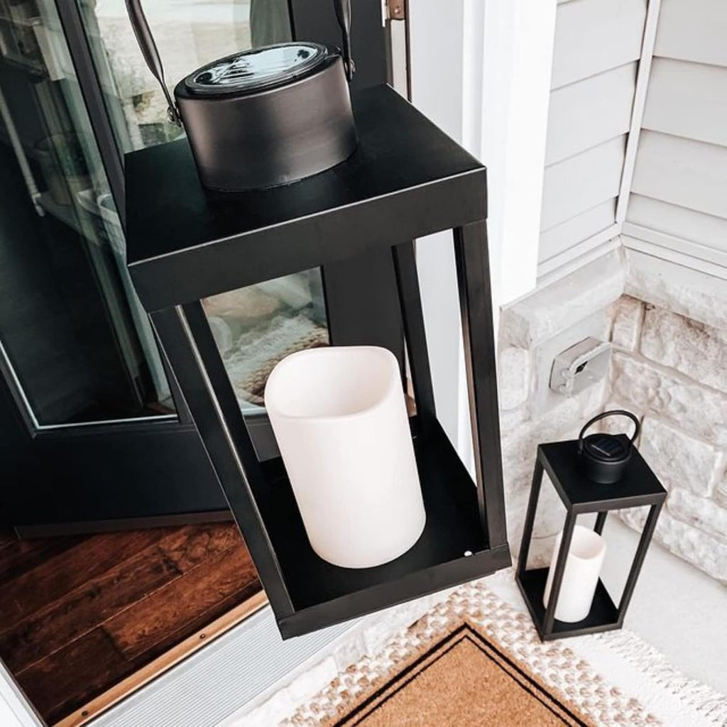 Large Outdoor Lantern with Solar Candle, 18 Inch Tall, Matte Black Metal Frame, Waterproof Flameless Pillar Candle O860205