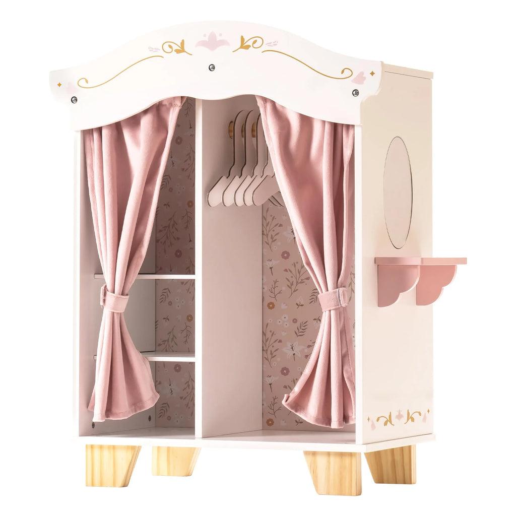 Pink Wooden Doll Armoire Closet with Vanity Table and 5 Clothing Hangers A832