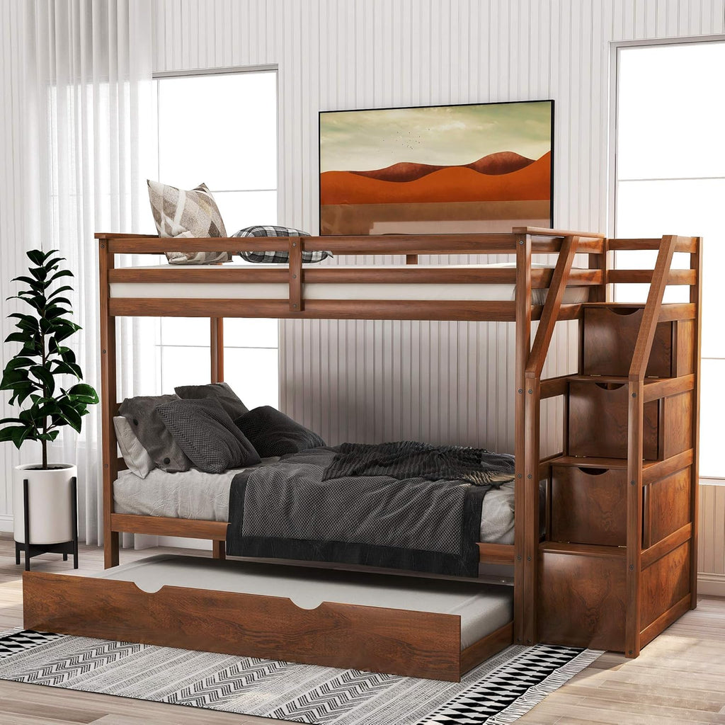 Grey Wood Twin Over Twin Bunk Bed with Trundle and Storage Drawers F794058