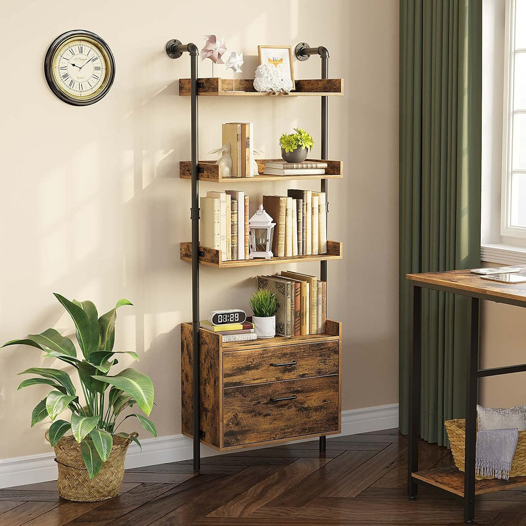 Industrial Bookshelf with 2 Wood Drawers, 4-Tier, Rustic Brown Z95992