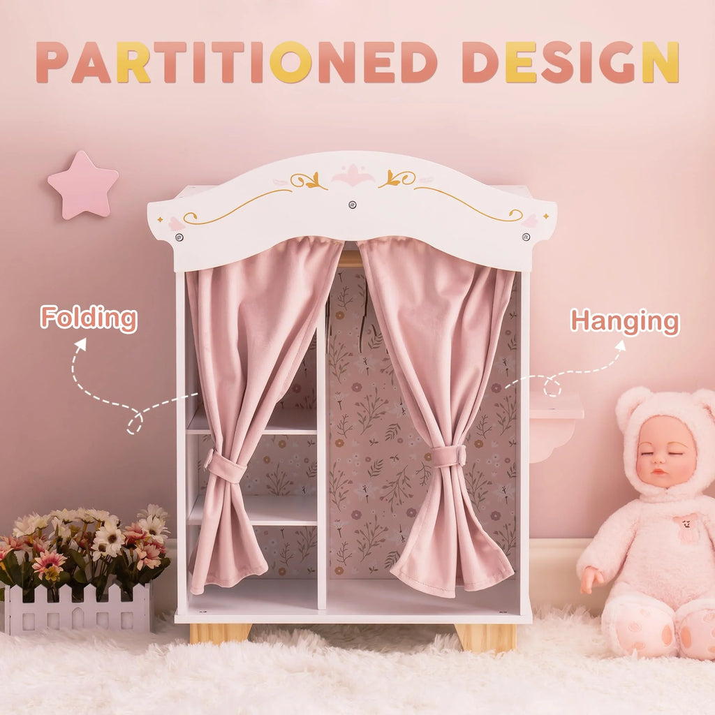 Pink Wooden Doll Armoire Closet with Vanity Table and 5 Clothing Hangers A832