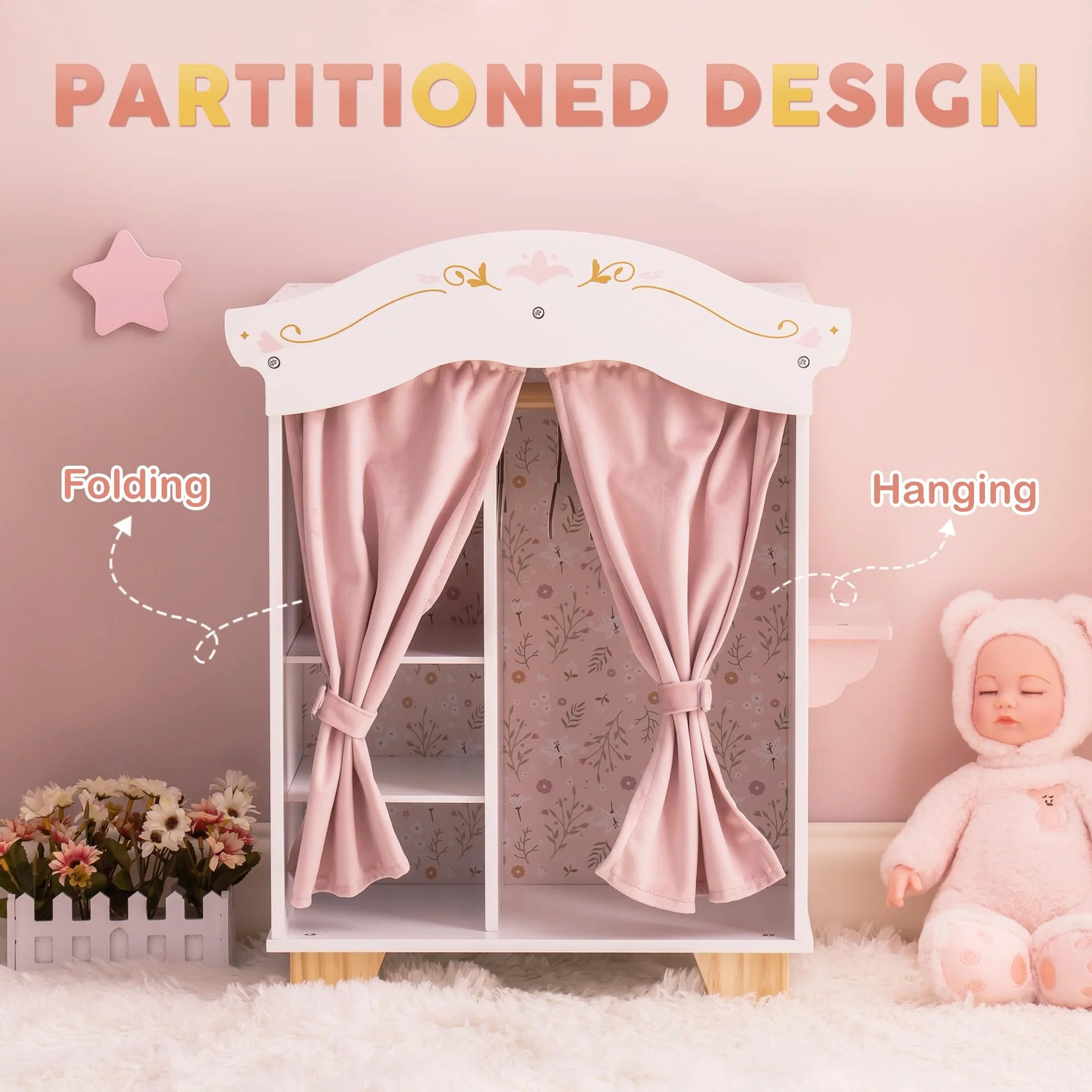 Pink Wooden Doll Armoire Closet with Vanity Table and 5 Clothing Hangers A832