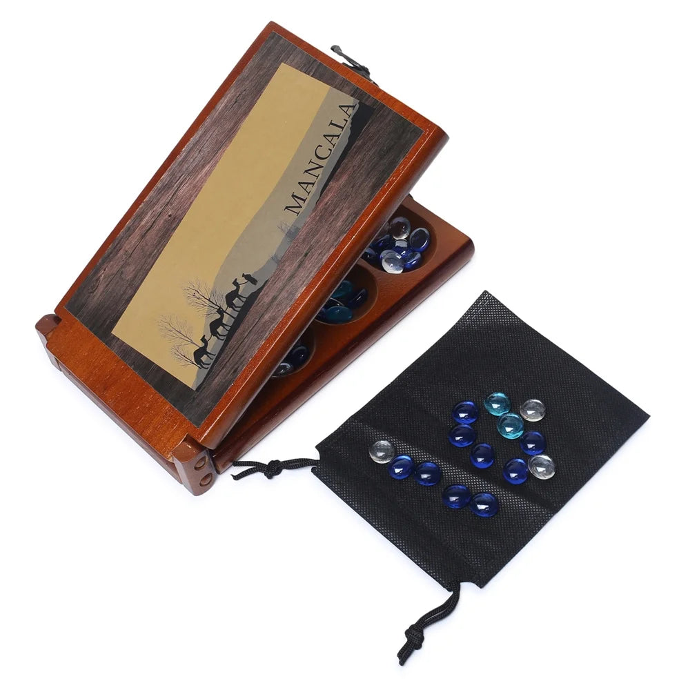 Mancala Board Game Set with Rubber Wood Board, Stones Storage Bag & Instructions. G491992