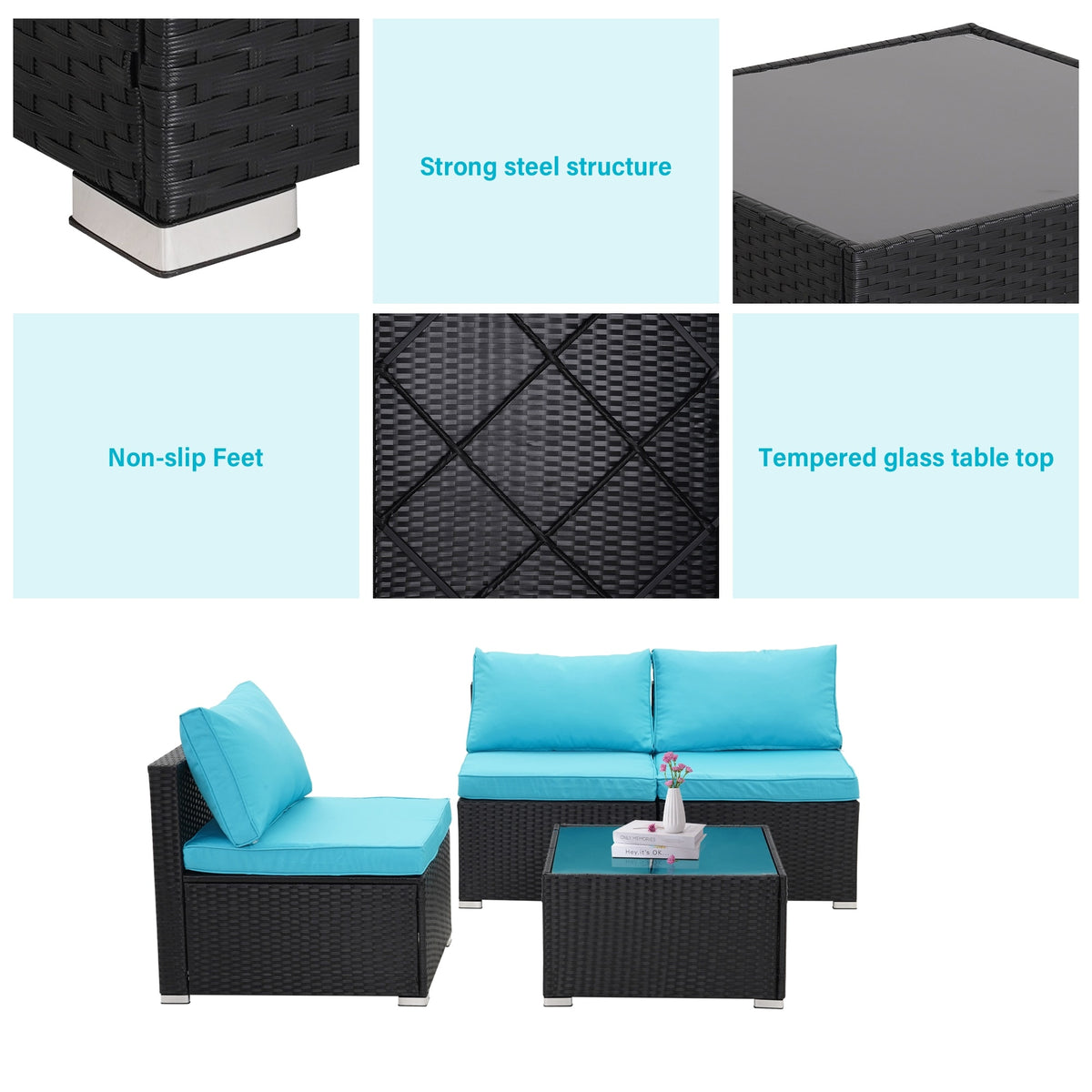Blue Rattan Patio Sofa Sectional Set W939