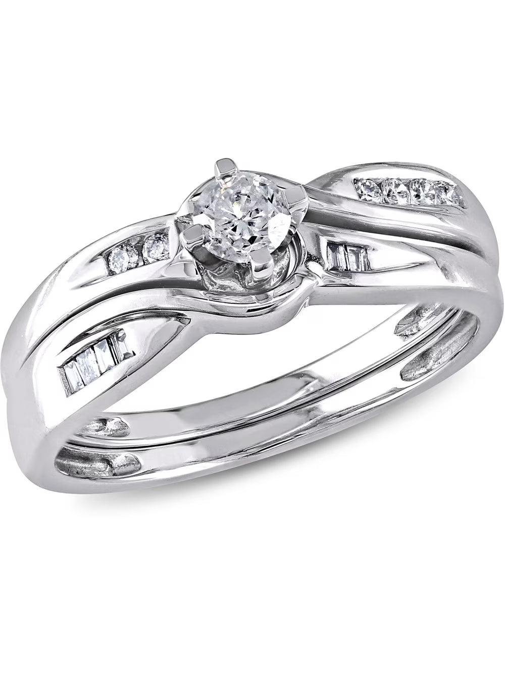 10K White Gold Diamond Engagement Ring and Wedding Band Set G918
