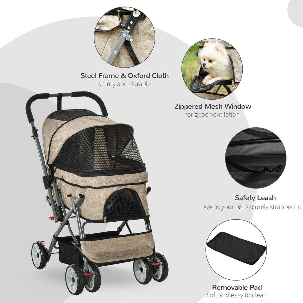 Foldable Pet Stroller with Reversible Handle Basket Storage Bag 3-Stage Canopy Zippered Mesh E93084