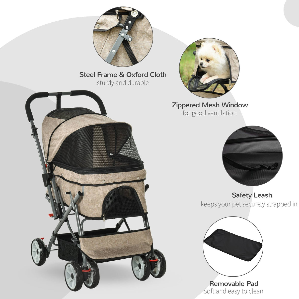 Foldable Pet Stroller with Reversible Handle Basket Storage Bag 3-Stage Canopy Zippered Mesh E93084