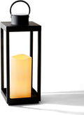 Large Outdoor Lantern with Solar Candle, 18 Inch Tall, Matte Black Metal Frame, Waterproof Flameless Pillar Candle O860205