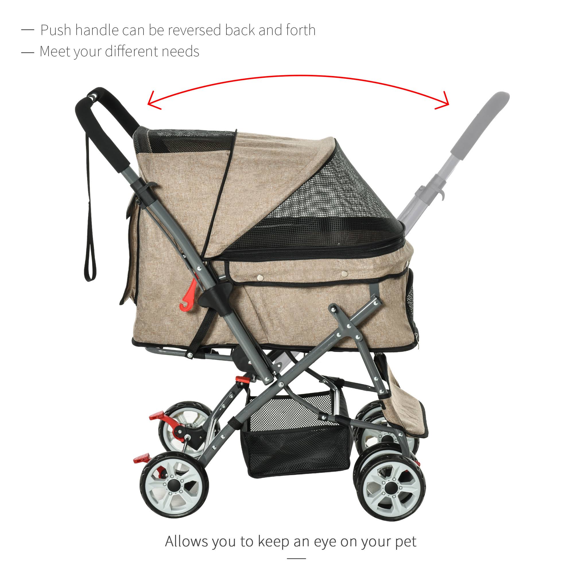 Foldable Pet Stroller with Reversible Handle Basket Storage Bag 3-Stage Canopy Zippered Mesh E93084