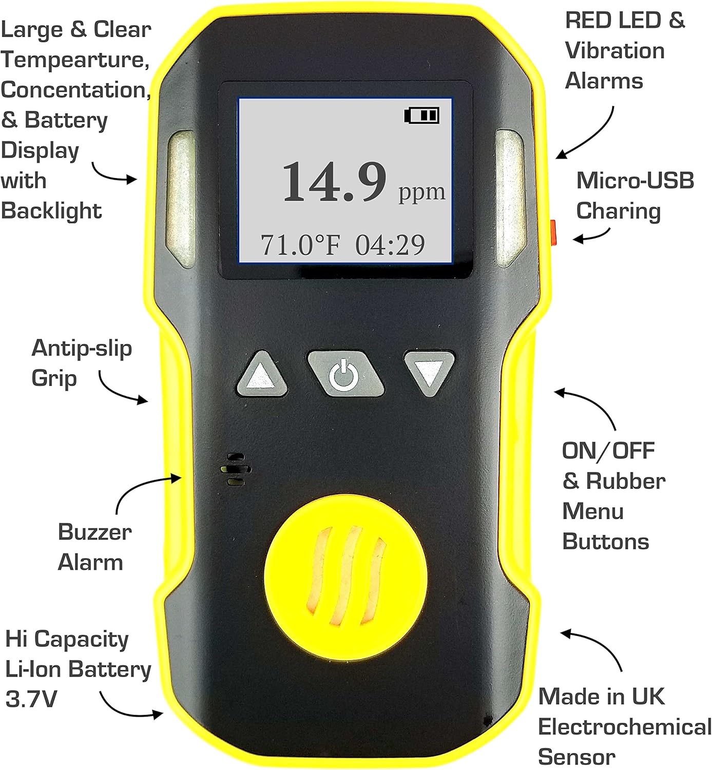 Hydrogen Sulfide Detector, 0-100ppm H2S, USB Recharge, Dust & Explosion Proof A2195