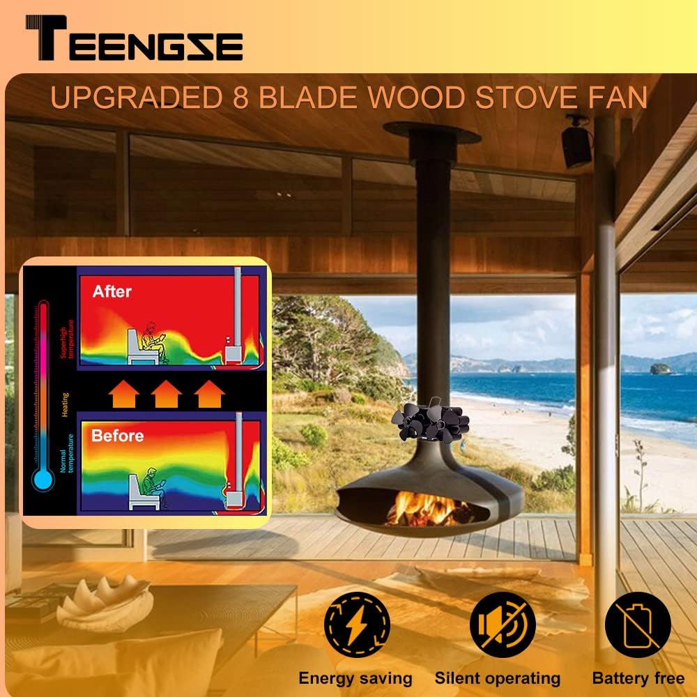 Heat Powered 8 Blade Wood Stove Fan, Black, Pack of 2 H3403
