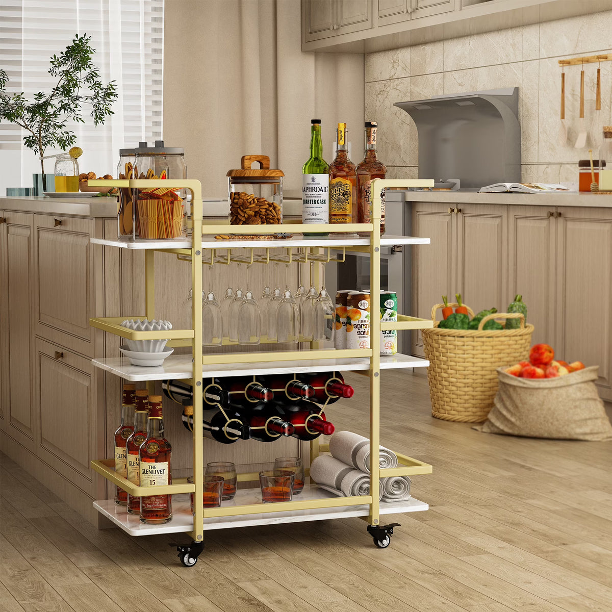 Golden 3-Tier Bar Cart with Wine Rack and Glass Cup Storage Y96429