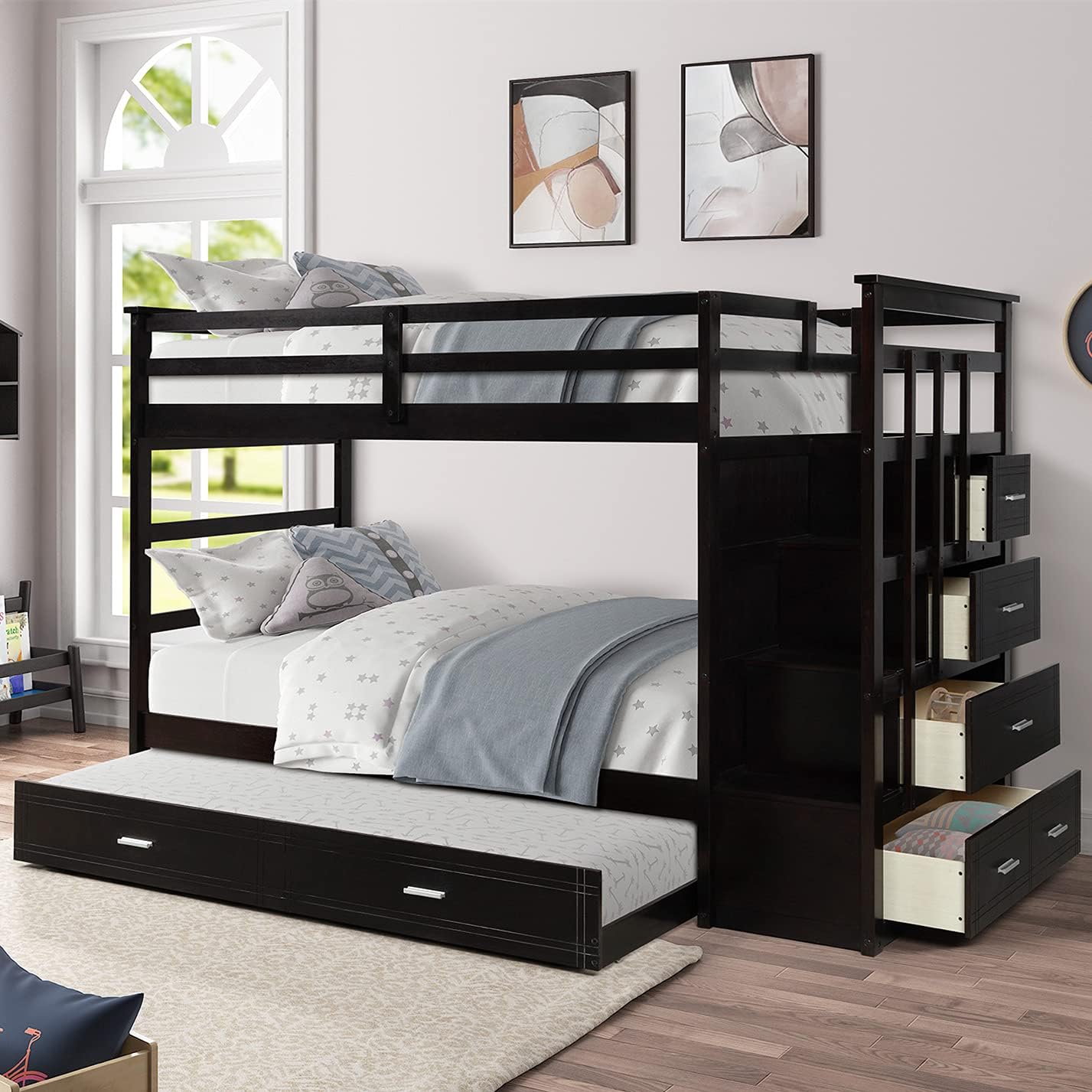 Grey Wood Twin Over Twin Bunk Bed with Trundle and Storage Drawers F794058