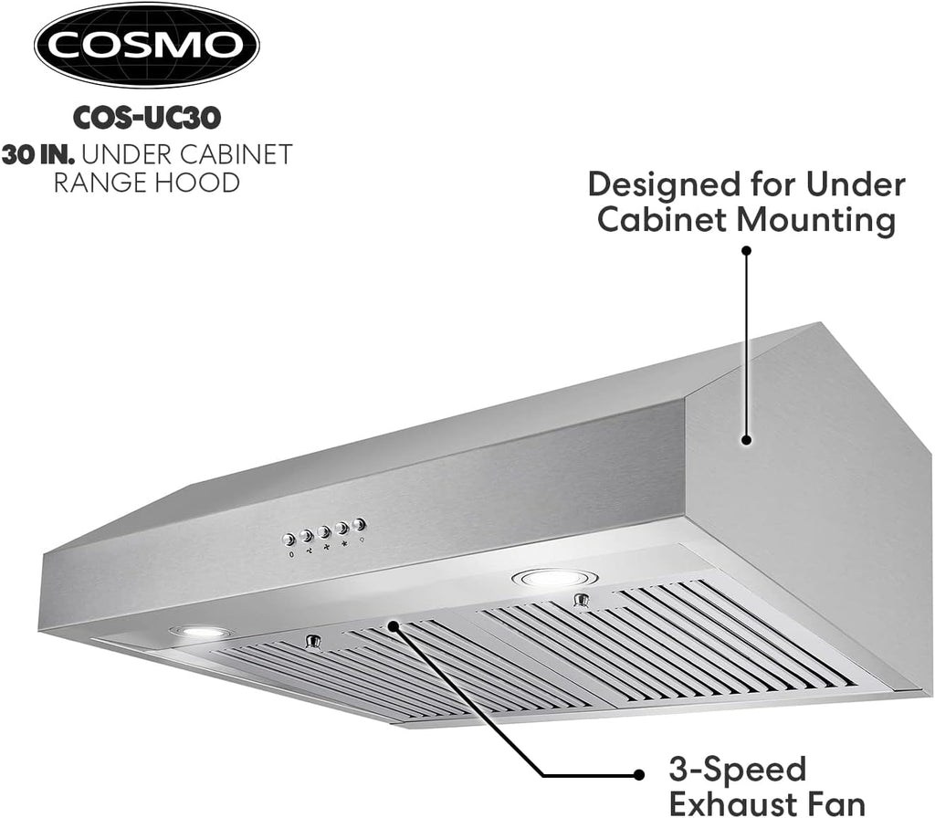 30 in. Under Cabinet Range Hood Ductless Convertible Duct with 3-Speed Fan and LED Lights in Stainless Steel G286466