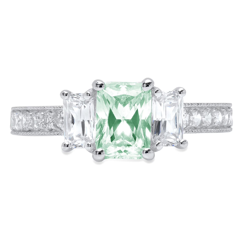 Emerald Cut Blue Moissanite 18k White Gold Three-Stone Ring Size 3.5 Q2527
