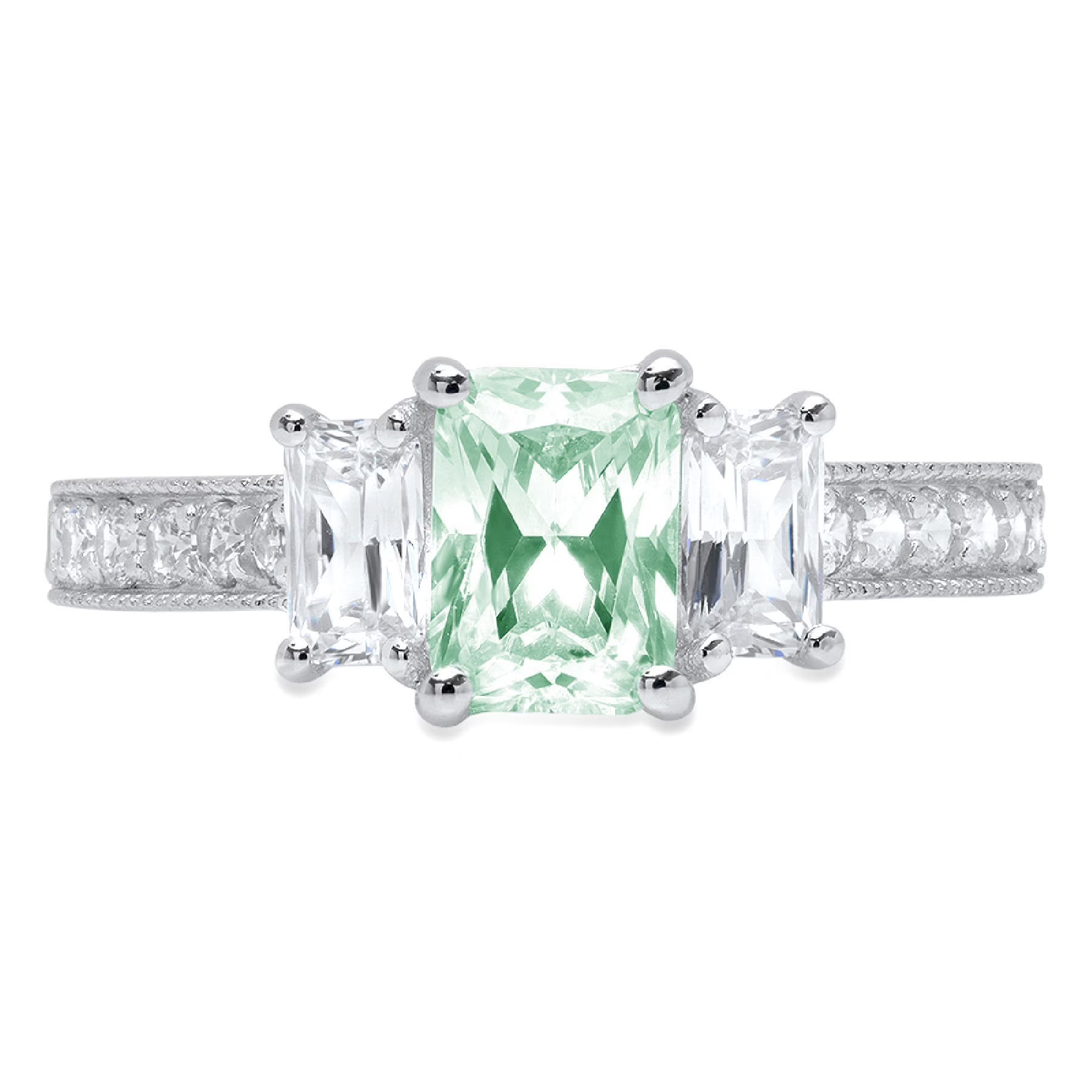 Emerald Cut Blue Moissanite 18k White Gold Three-Stone Ring Size 3.5 Q2527