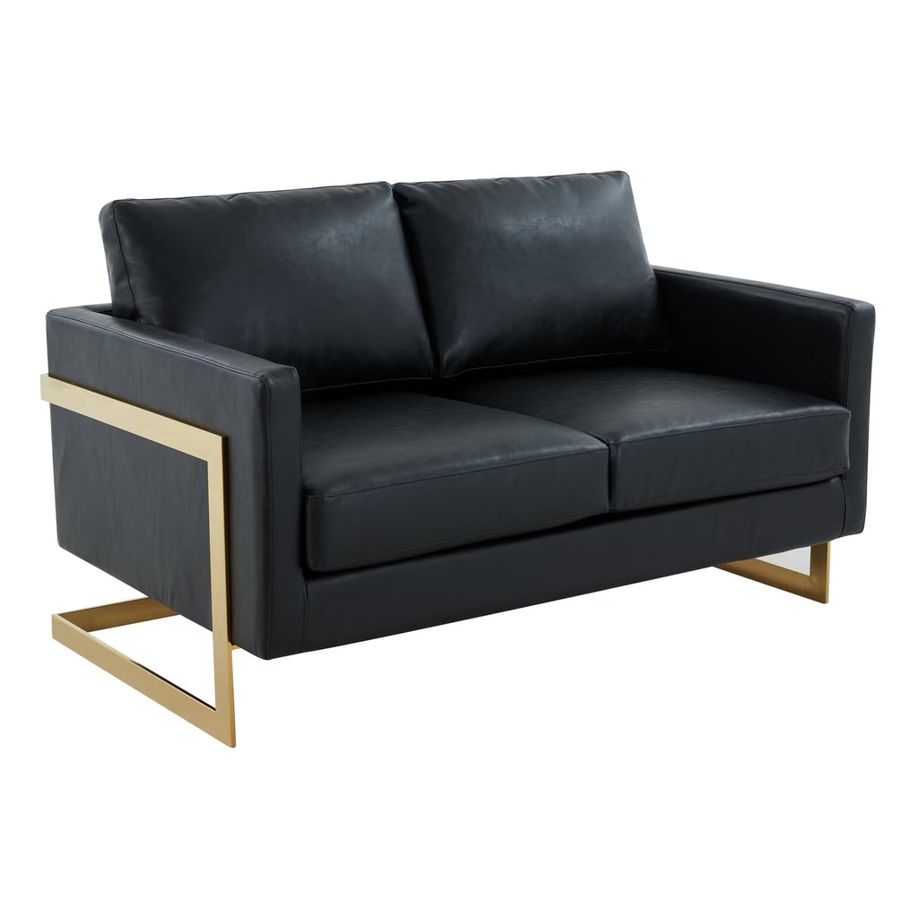 Mid-Century Upholstered Leather Loveseat with Gold Frame I475