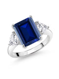 925 Sterling Silver Blue Created Sapphire 3 Stone Engagement Ring V9847