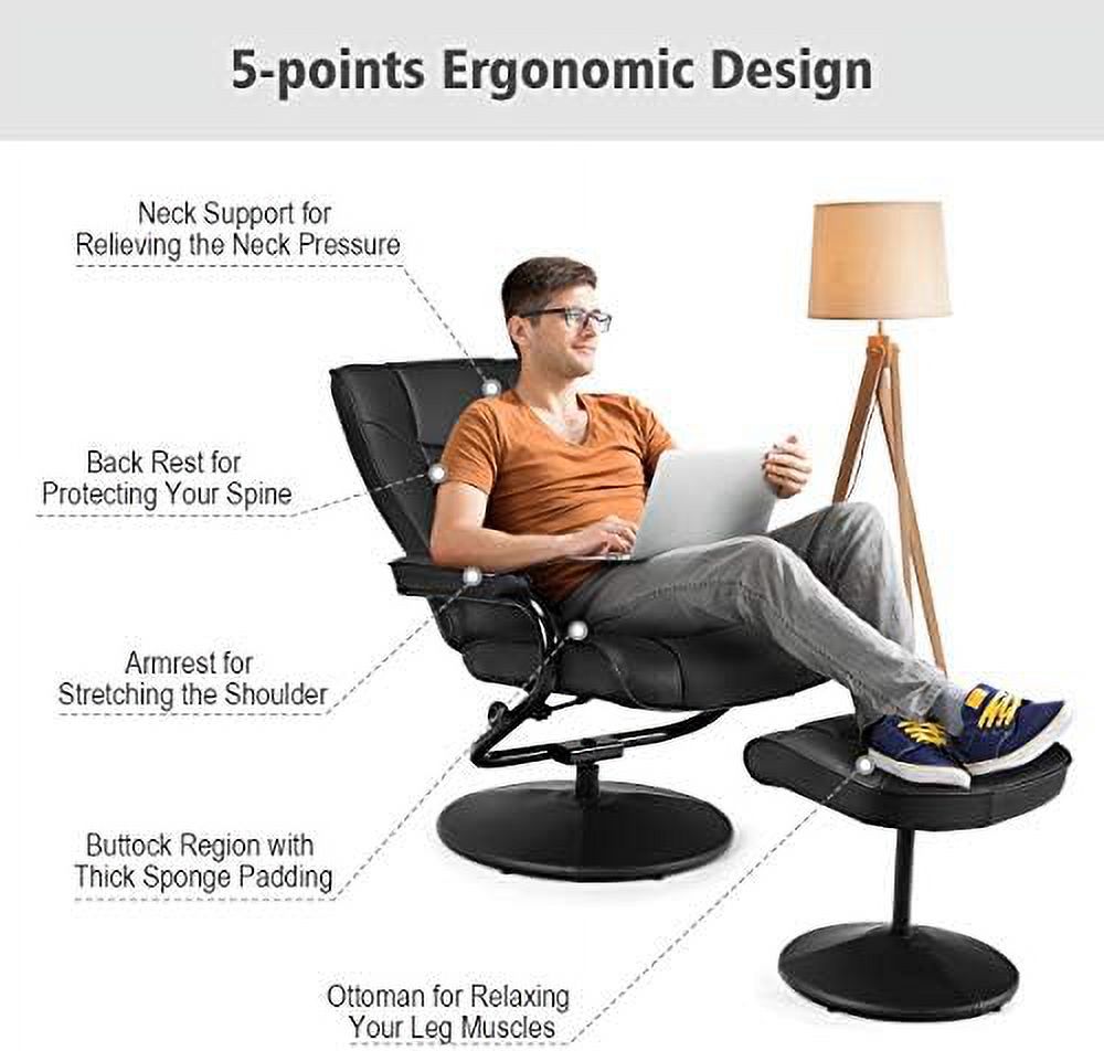 Black PU Leather Swivel Recliner Chair with Footrest Ottoman Set Z4855